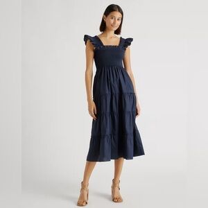 Quince Navy Blue 100% Organic Cotton Poplin Smocked Midi Dress, Size XL